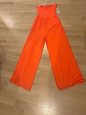 MONO B NWT Strapless Wide-Leg Jumpsuit in Bright Orange